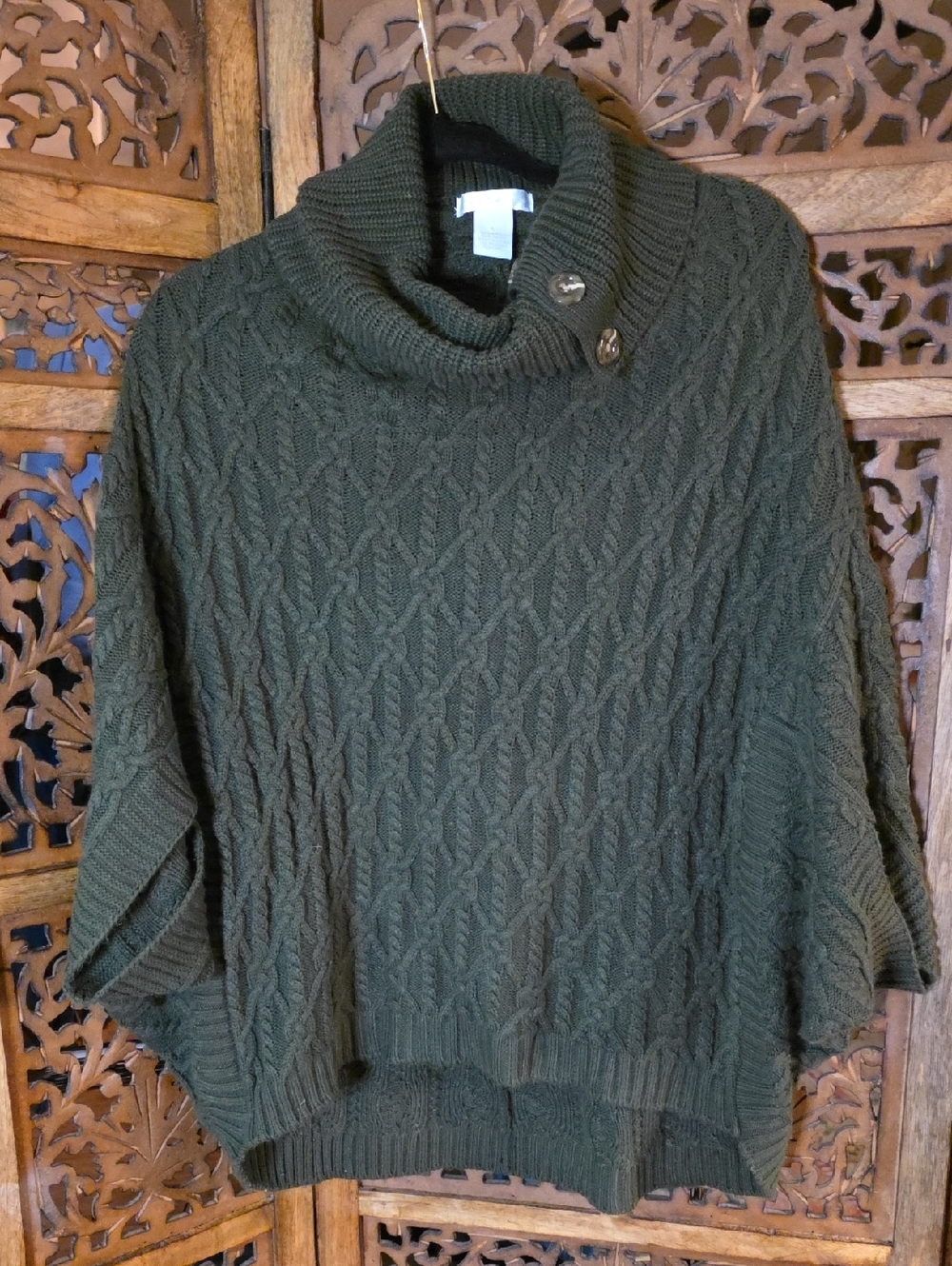 Design History Cable Knit Turtleneck Poncho Sweater - Dark Green